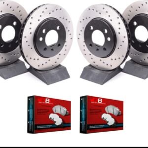 Toyota Matrix 1.8L  Front And Rear Performance Black Cross Drilled Brake Rotors And Carbon Performance Brake Pads For 2003 2004 2005 2006 2007 2008