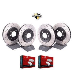 Nissan Muarano 3.5L V6 Brake Kit Front And Rear Performance Black Cross Drilled Brake Rotors And Carbon Performance Brake Pads 2004 2005 2006 2007 2008 2009 2010 2011 2012 2013 2014