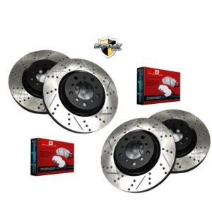 Mitsubishi Endeavor 3.8L V6 Brake Kit Package Front and Back Performance Cross Drilled/Slotted Rotors and Carbon Brake Pad Sets 2004 2005 2006 2007 2008 2009 2010 2011