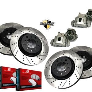 MAZDA RX-8 1.3L 1 Click Brake Kit Front And Rear Performance Cross Drilled and Slotted Black Koted Brake Rotors, Carbon Performance Brake Pads and Brake Calipers 2004 2005 2006 2007 2008